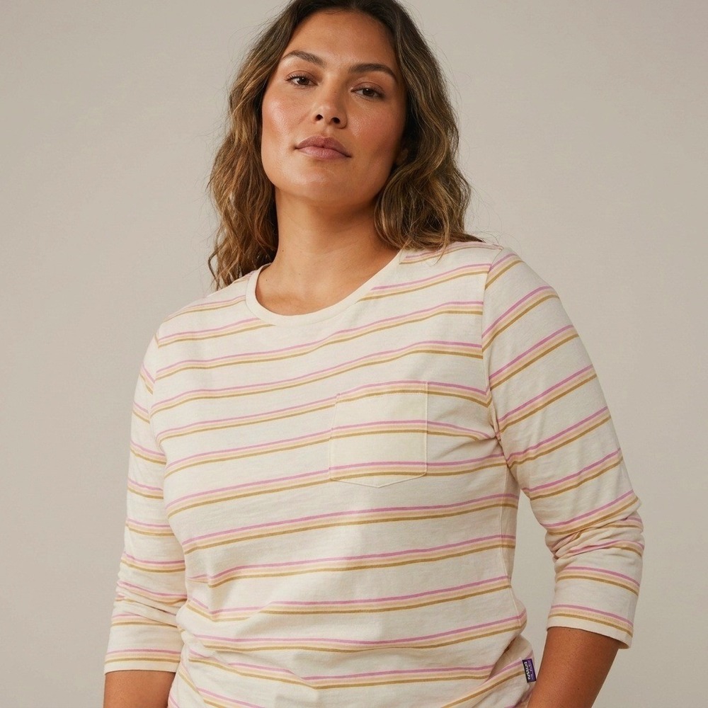 Patagonia Womens XL Striped 3/4 Sleeve Pocket‎ Tee Organic Cotton Pink Yellow